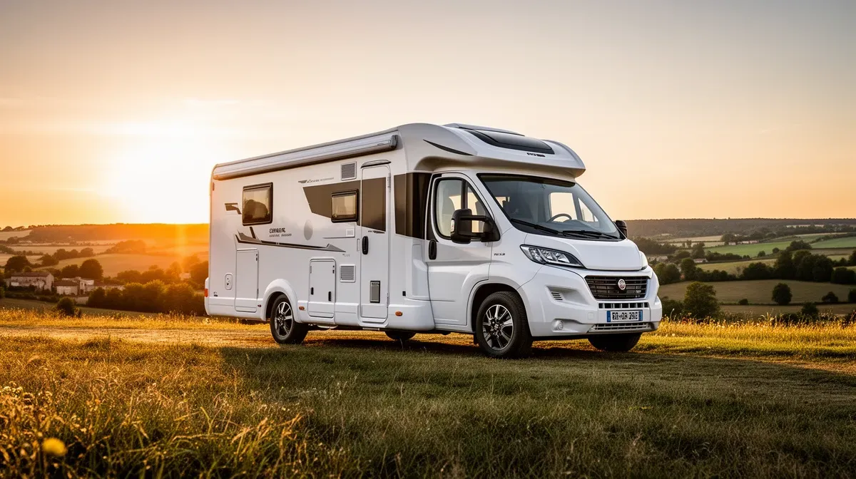 Camping-car garé dans un paysage champêtre au coucher du soleil