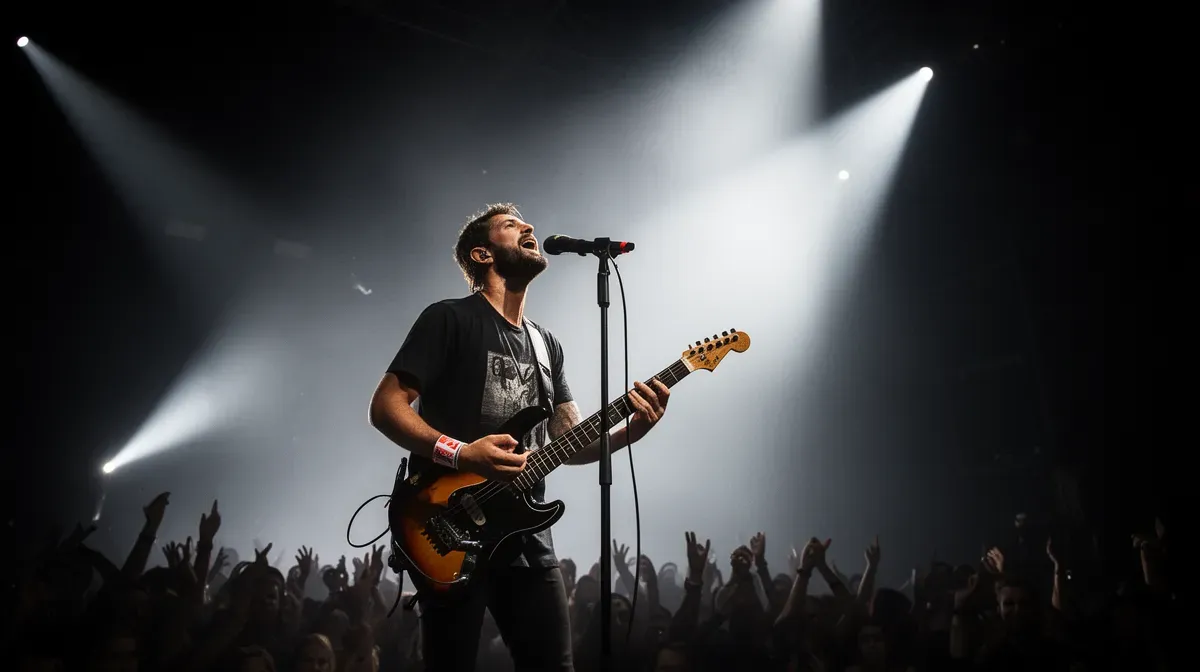 Musicien sur scène, jouant de la guitare sous un projecteur, public en contre-jour