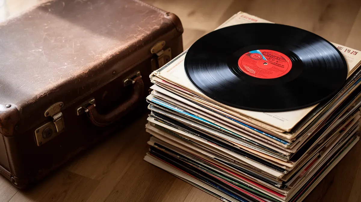 Valise vintage et vinyles, évoquant l'héritage musical et les choix patrimoniaux