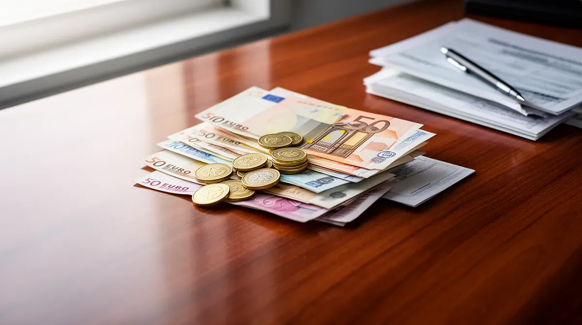 Billets et pièces en euros disposés sur un bureau en bois, représentant l'épargne et les liquidités.