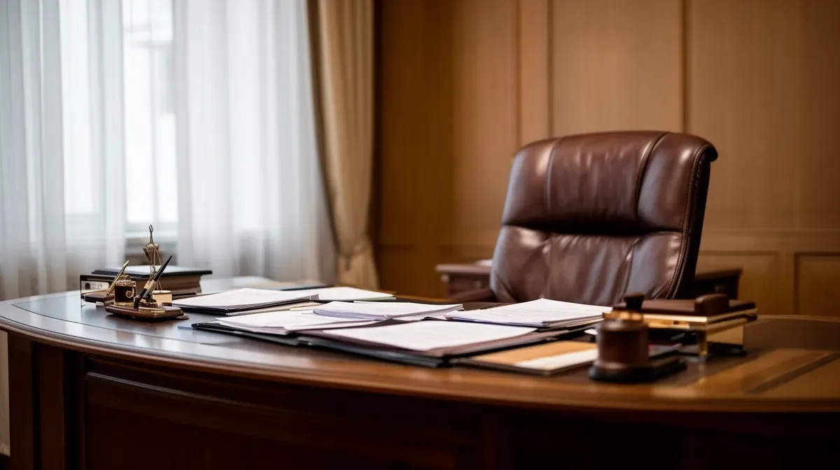 Bureau ministériel vide avec un grand bureau et une chaise en cuir, évoquant les revenus et avantages d'une Première ministre.
