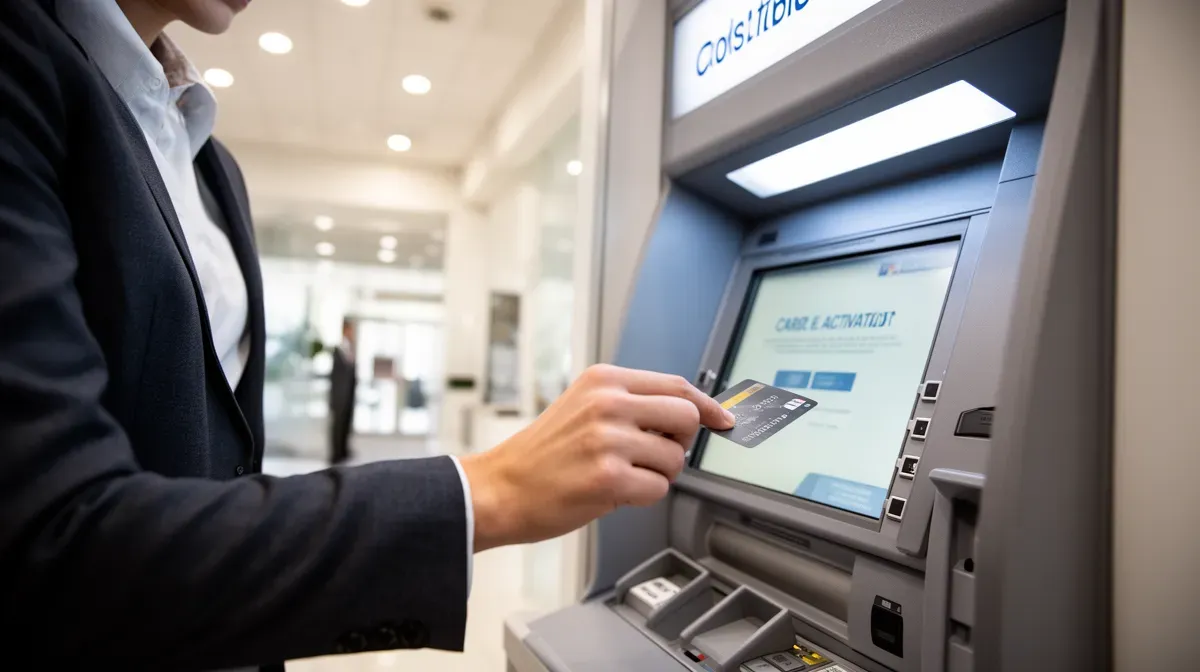 Personne activant sa carte bancaire dans un distributeur automatique de billets