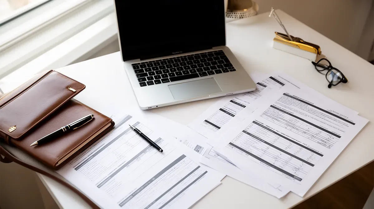 Bureau moderne avec ordinateur portable et documents financiers, illustrant le salaire et les revenus d'une dirigeante