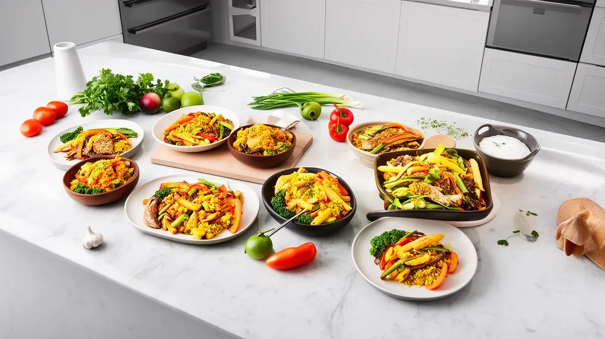 Assortiment de repas végétaliens colorés sur un comptoir en marbre, représentant l'offre de Feed