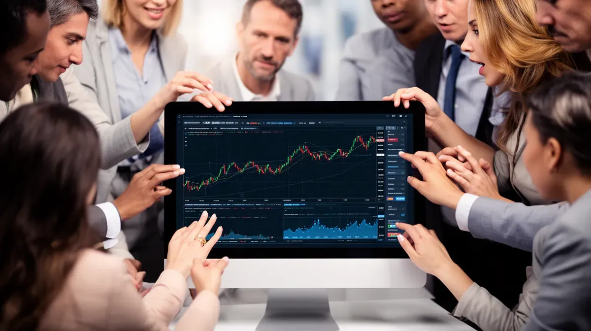 Groupe de personnes autour d'un écran affichant des graphiques d'investissement, illustrant le concept de Blast.Club