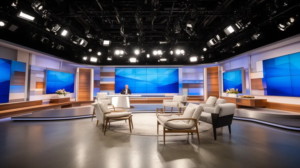 Plateau de télévision moderne avec écran géant et fauteuils, évoquant l'émission TPMP