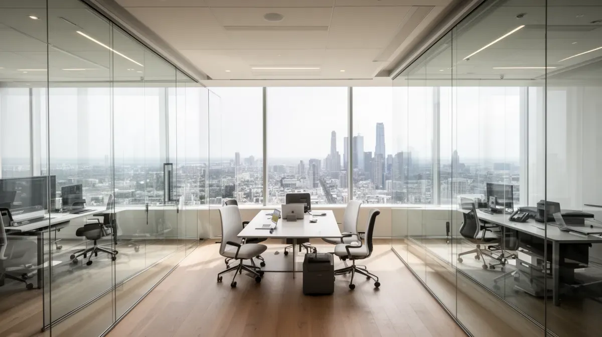 Bureau moderne et élégant avec vue sur la ville, représentant le siège de H2O Productions