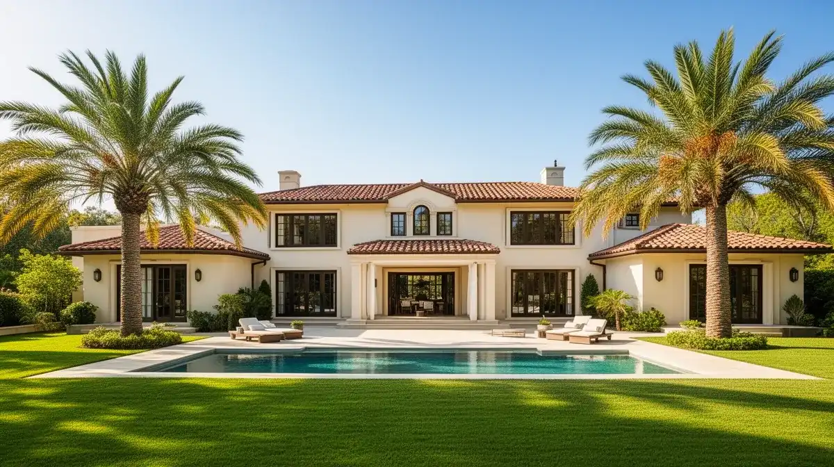 Villa de luxe avec piscine et palmiers sur la Côte d'Azur, illustrant le patrimoine immobilier de Cyril Hanouna