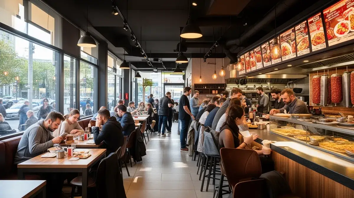 Intérieur d'un restaurant Nabab Kebab animé, avec clients et comptoir, éclairage naturel