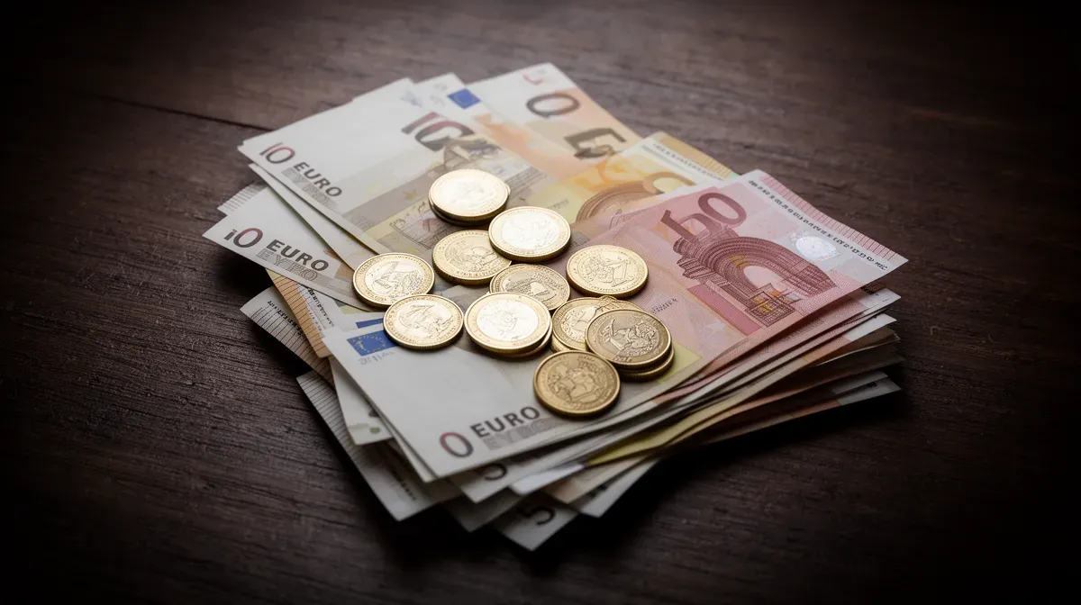 Tas de billets et pièces en euros sur une table en bois, éclairage tamisé, ambiance mystérieuse