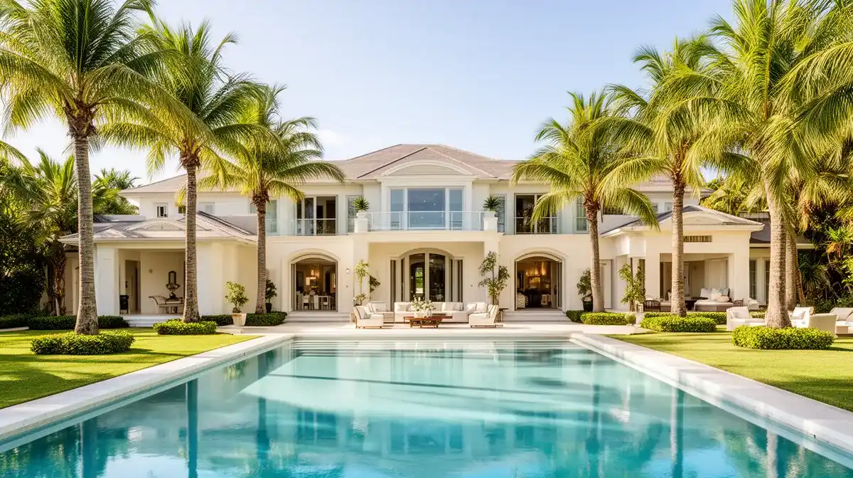 Villa de luxe avec piscine et palmiers, éclairage naturel lumineux, ambiance sereine et opulente