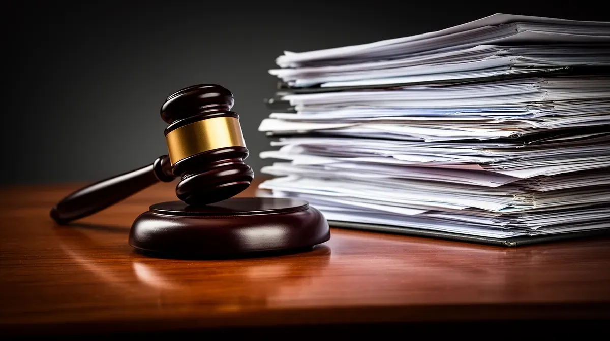 Marteau de juge sur un bureau en bois à côté de documents juridiques, éclairage dramatique