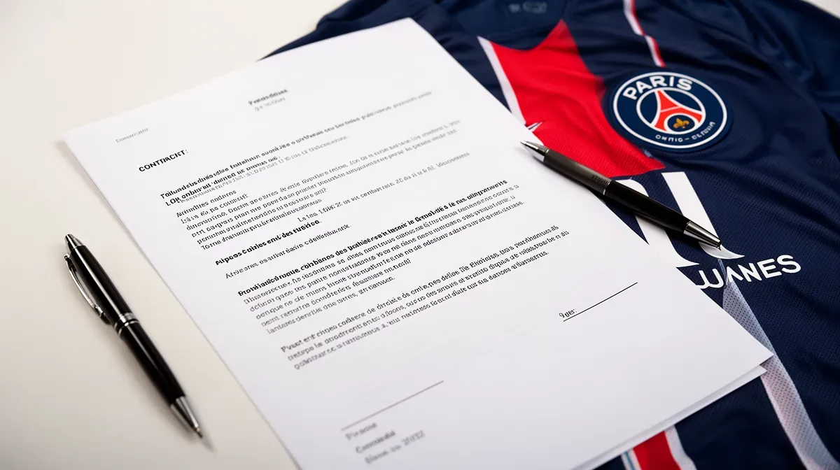 Contrat de football et maillot du PSG sur une table