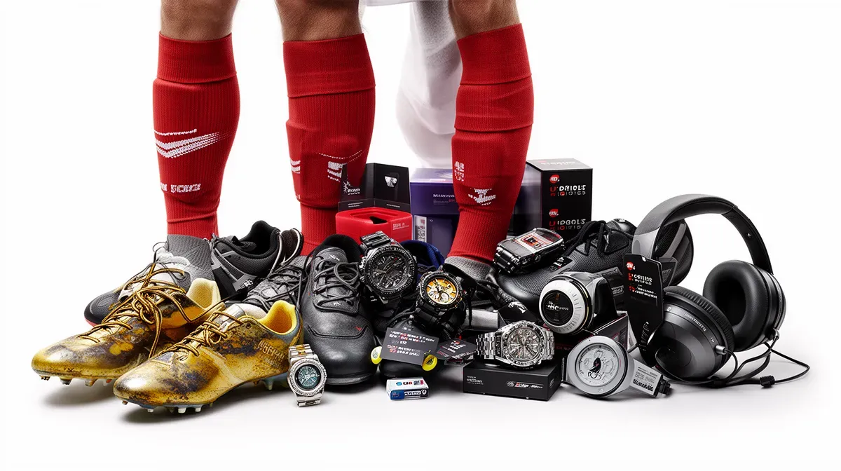 Chaussures de football et produits de sponsors sur fond blanc