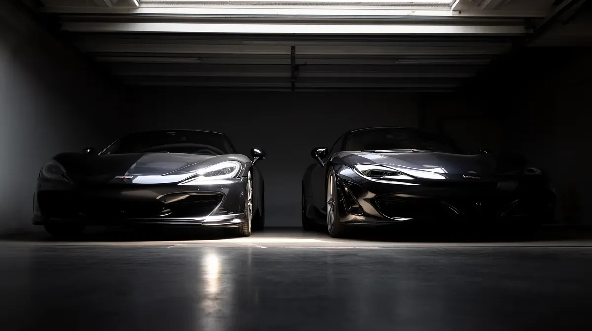 Deux voitures de sport de luxe garées dans un garage sombre, symbolisant les dépenses excessives de Guillaume Genton