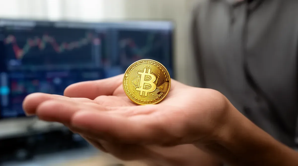Gros plan sur une main tenant une pièce de Bitcoin, illustrant l'opportunité manquée d'investissement