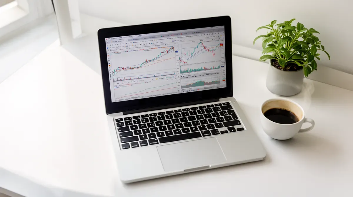 Vue de dessus d'un bureau moderne avec un ordinateur portable affichant des graphiques financiers, représentant la situation financière actuelle de Guillaume Genton