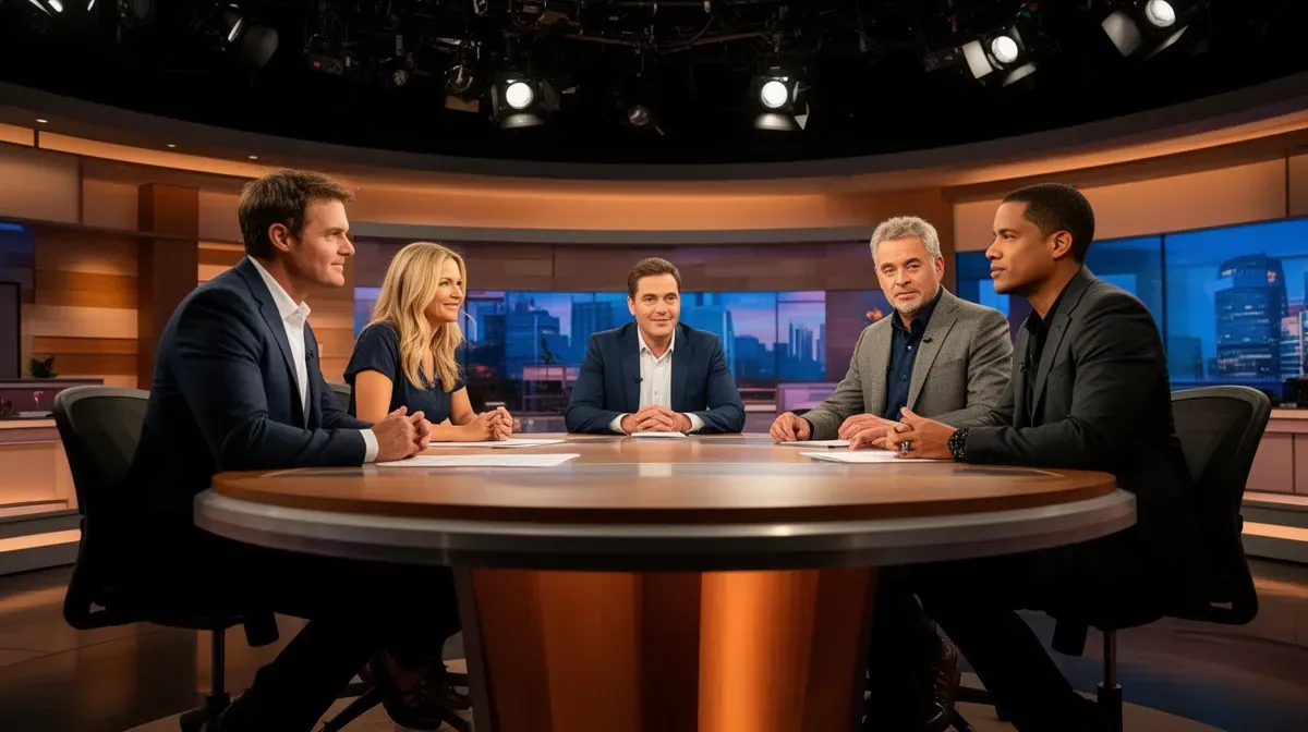 Groupe de chroniqueurs télé autour d'une table ronde, ambiance de débat