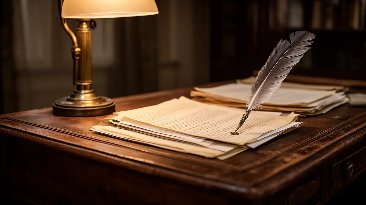 Bureau ancien avec documents et lampe, évoquant la polémique sur la permanence parlementaire de Jean Lassalle