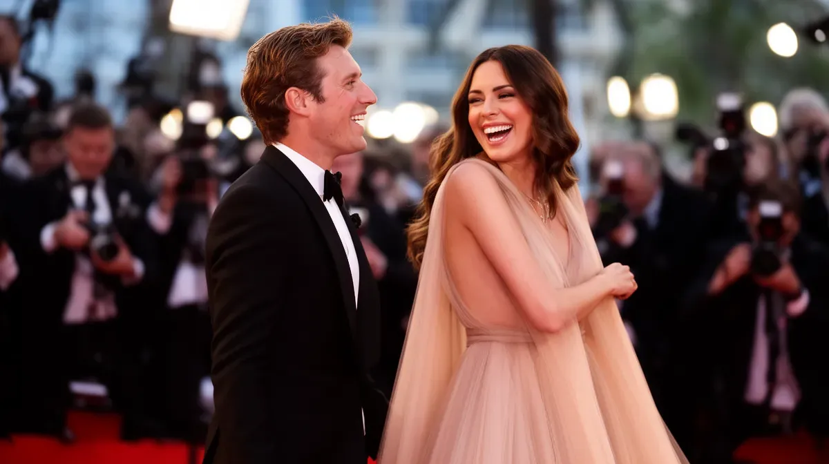 Couple glamour sur un tapis rouge, évoquant la vie sentimentale médiatisée de Jean-Yves Le Fur