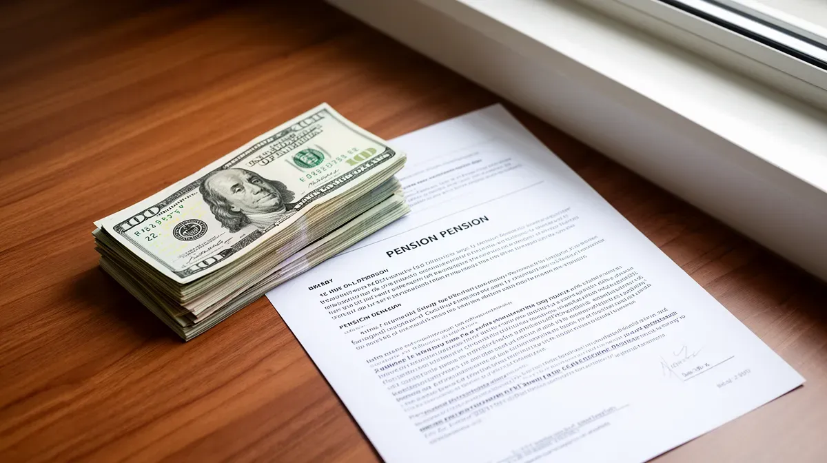 Billets de dollars et document de pension sur un bureau en bois, vue de dessus, lumière naturelle.