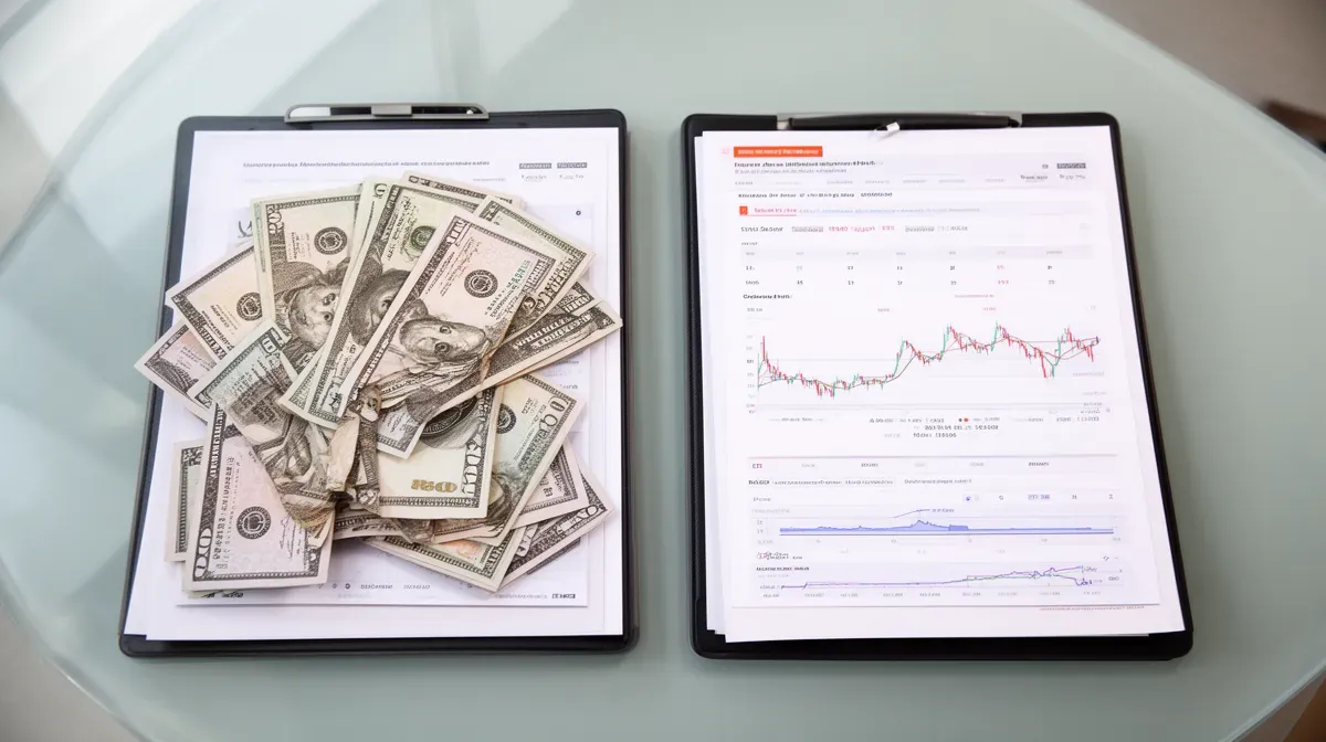 Deux portefeuilles financiers côte à côte, l'un en espèces, l'autre en actions et ETF, vue de dessus, lumière douce.