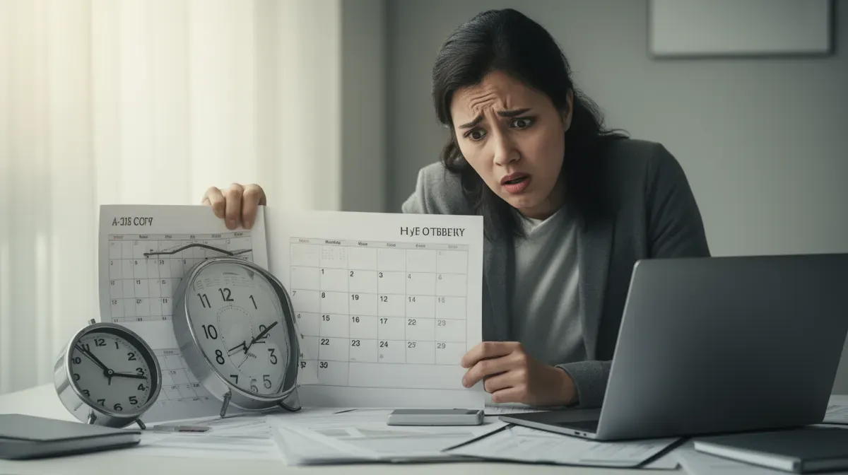 Personne stressée regardant l'heure et un calendrier à cause d'un virement en retard