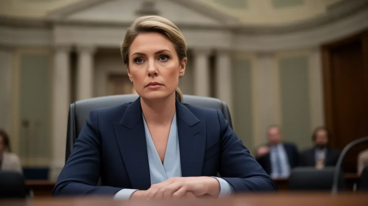 Femme politique en costume assise à une table de conférence dans un bâtiment gouvernemental