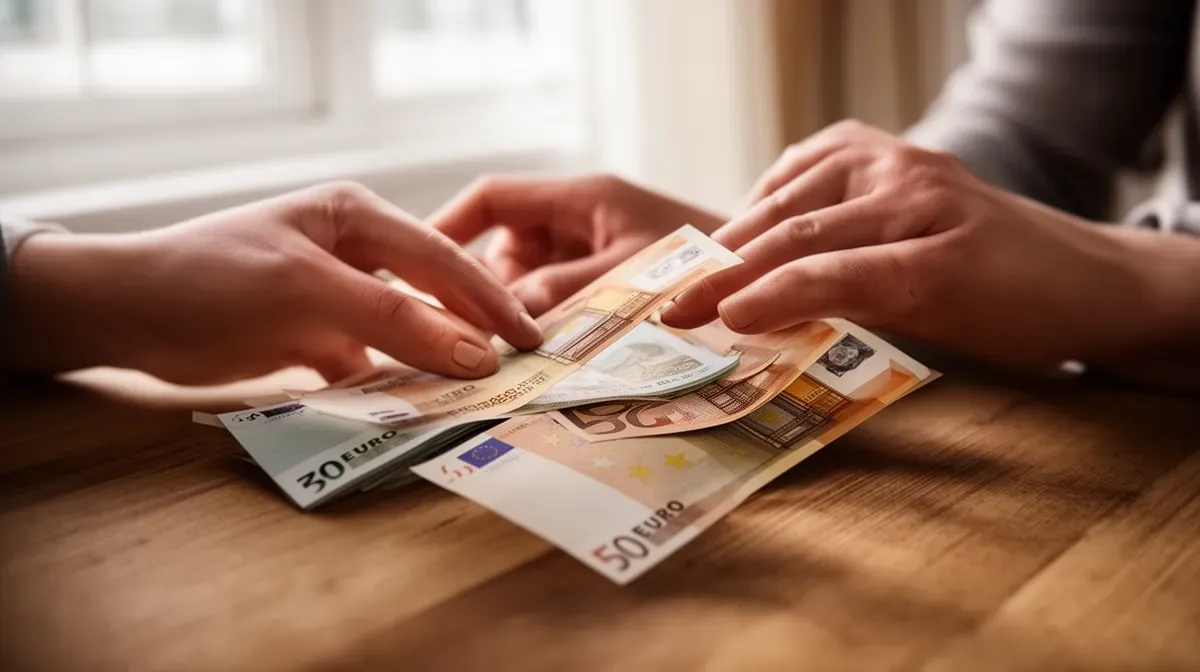 Mains comptant des billets de banque en euros sur une table en bois