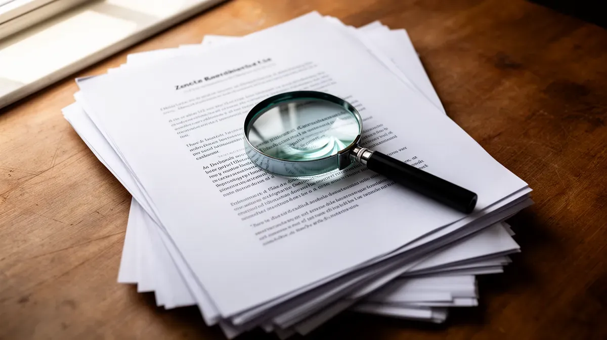 Documents et loupe sur un bureau en bois, symbolisant l'enquête et la recherche de transparence.