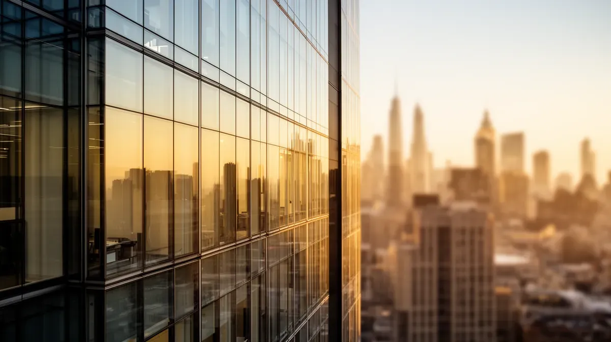 Immeuble de bureaux moderne en verre au coucher du soleil, évoquant la réussite et l'expansion internationale.