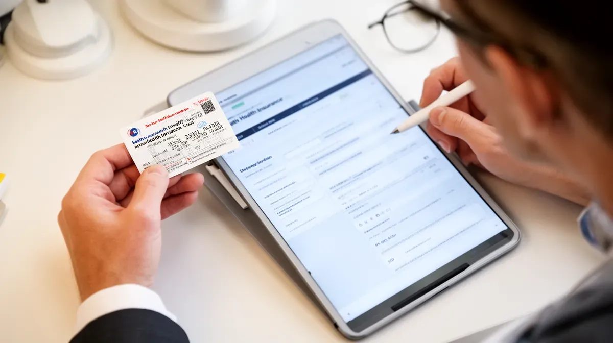 Gros plan sur la main d'un patient présentant sa carte de mutuelle à un opticien qui vérifie les droits sur une tablette