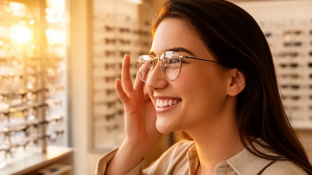 Patient souriant essayant des lunettes dans une boutique d'optique, éclairage chaud de fin d'après-midi