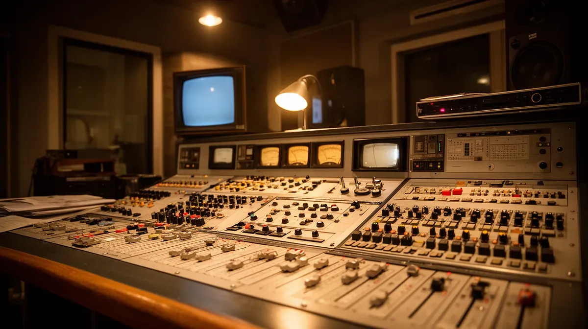 Régie télévisée vintage avec consoles de mixage et écrans