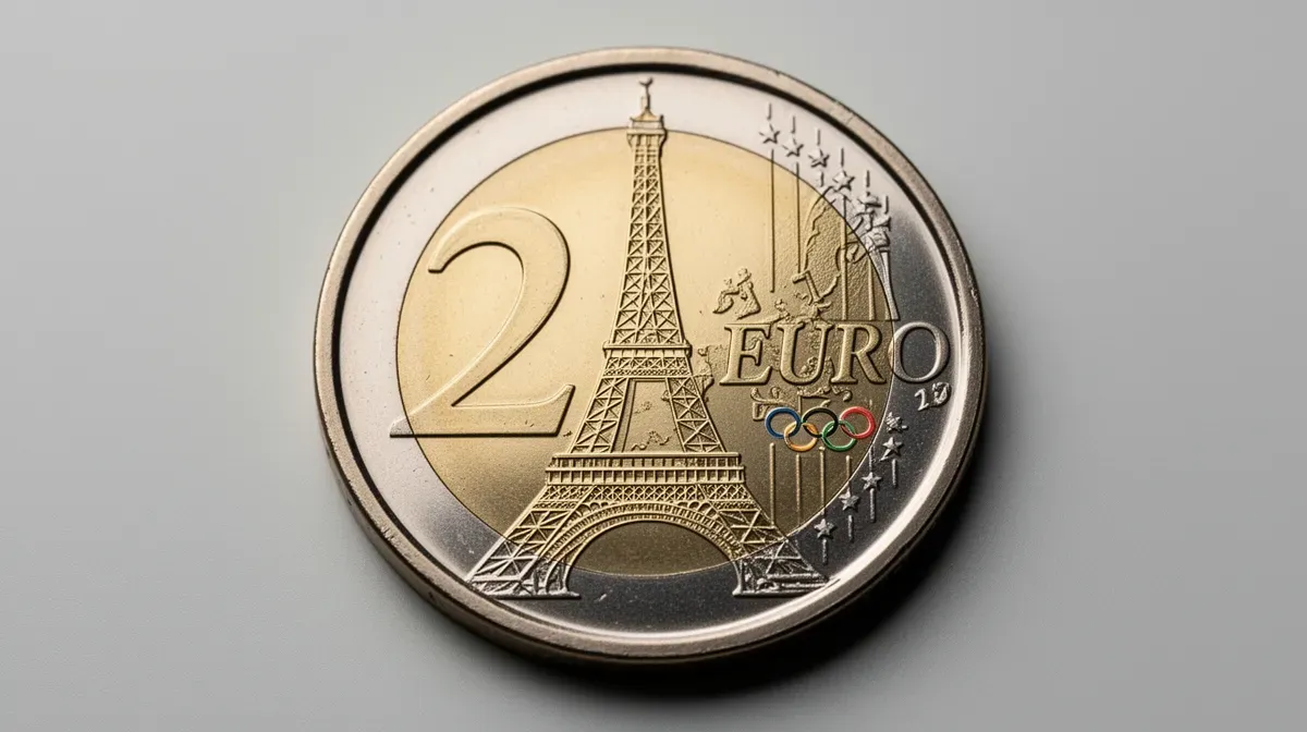 Gros plan sur la pièce de 2 euros JO 2024 montrant les détails de la gravure de la Tour Eiffel.