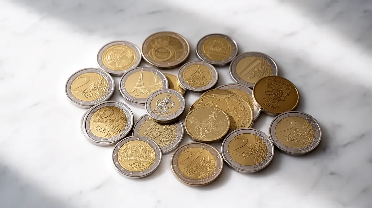 Collection de pièces de 2 euros commémoratives, dont celle des JO 2024, disposées sur un marbre blanc.