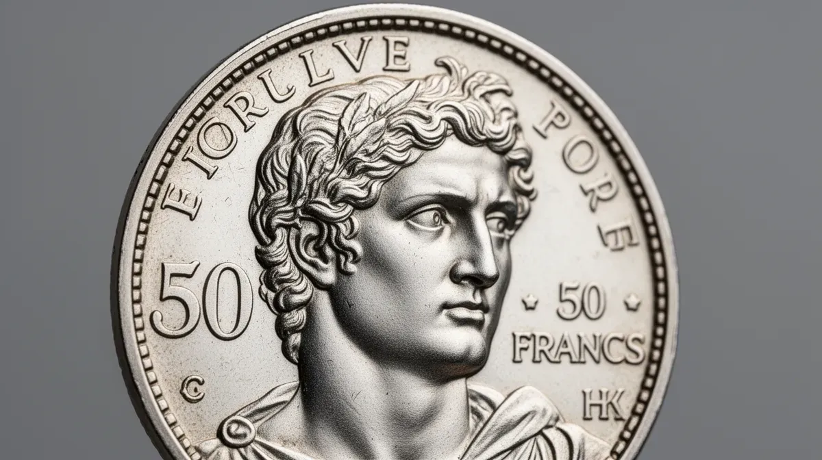 Gros plan sur le visage d'Hercule de la pièce de 50 francs en argent, détails fins visibles