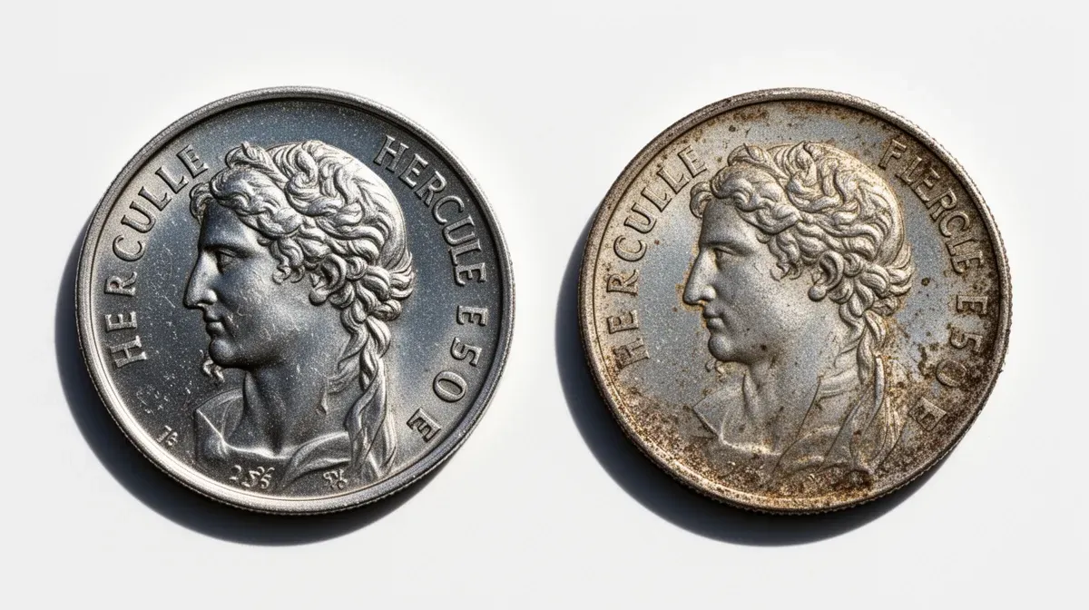 Comparaison de deux pièces de 50 francs Hercule, l'une en état neuf, l'autre légèrement usée