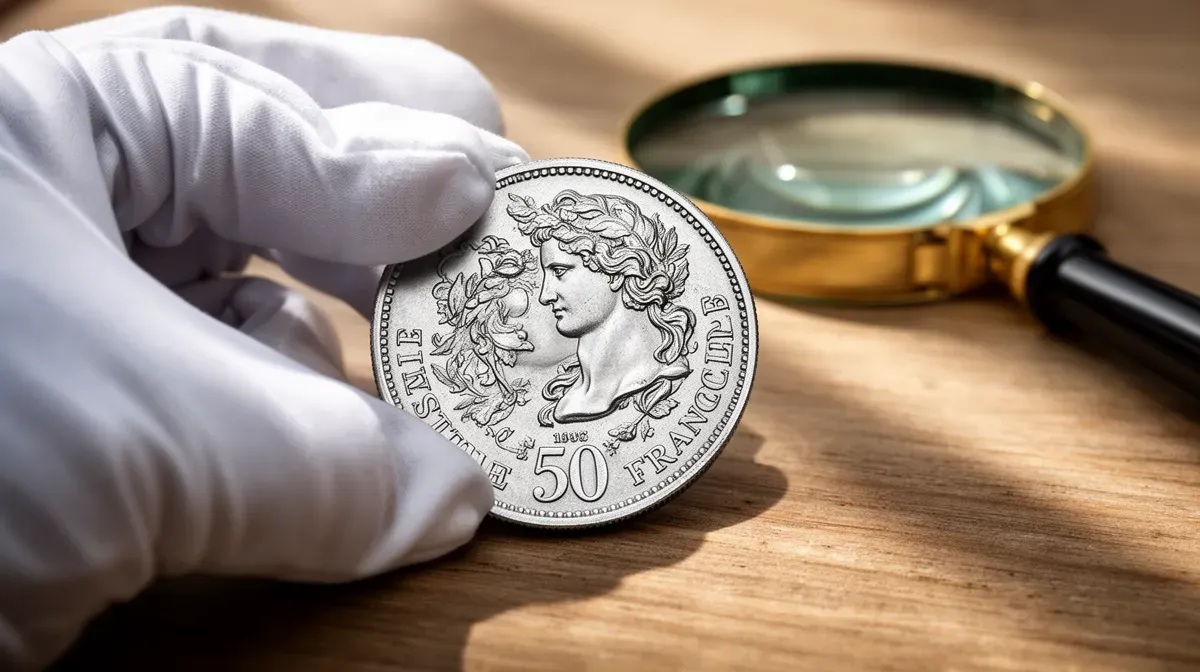 Main gantée examinant une pièce de 50 francs Hercule en argent avec une loupe