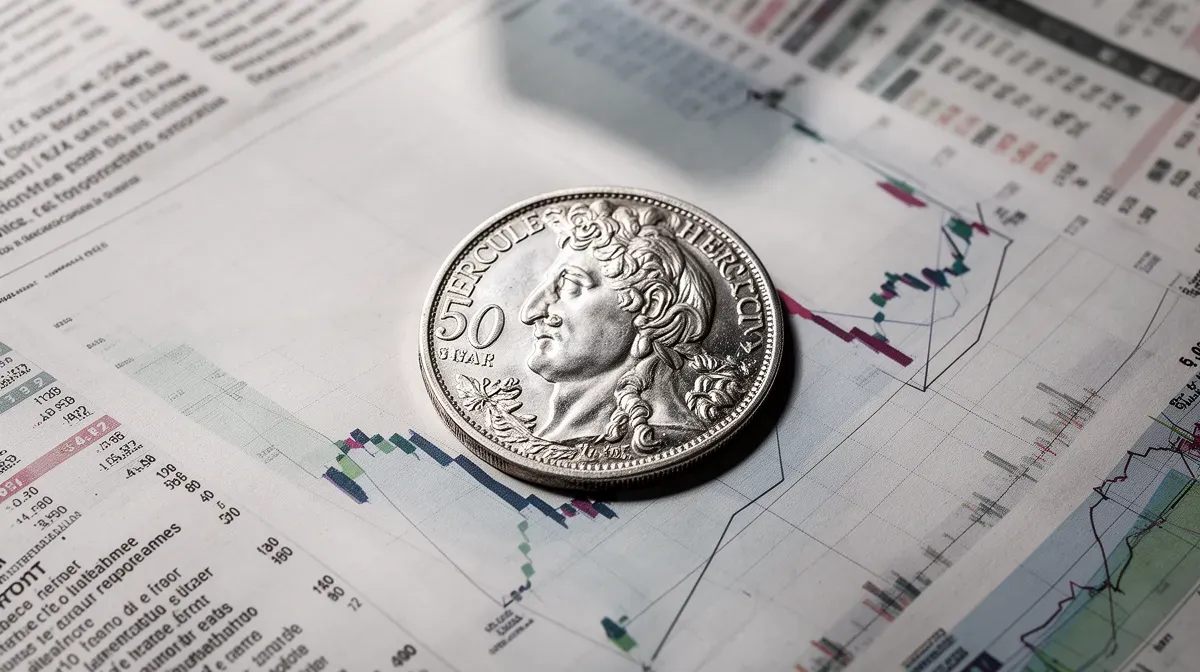 Pièce de 50 francs Hercule posée sur un journal financier avec graphiques boursiers