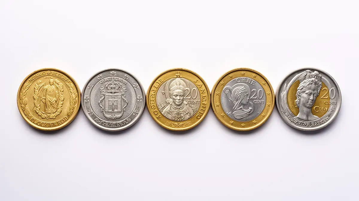 Cinq pièces de 20 centimes rares alignées sur fond blanc : Monaco 2001, Vatican 2002, Saint-Marin 2002, Grèce erreur 2002 et Joséphine Baker 2024