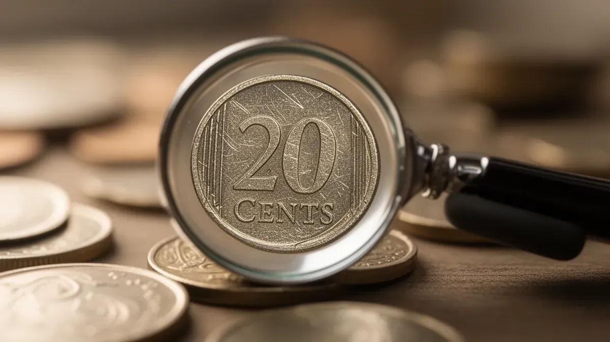 Gros plan d'une loupe sur une pièce de 20 centimes pour examiner son état de conservation