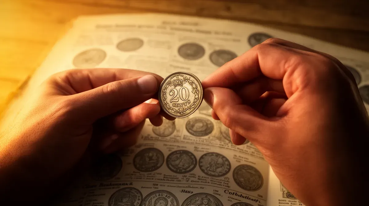 Mains tenant une pièce de 20 centimes rare au-dessus d'un catalogue de numismatique