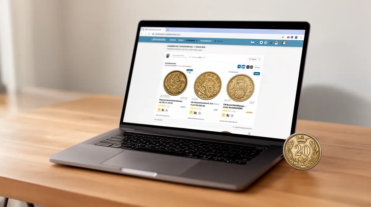 Ordinateur portable affichant une vente aux enchères de pièces rares avec une pièce de 20 centimes à côté