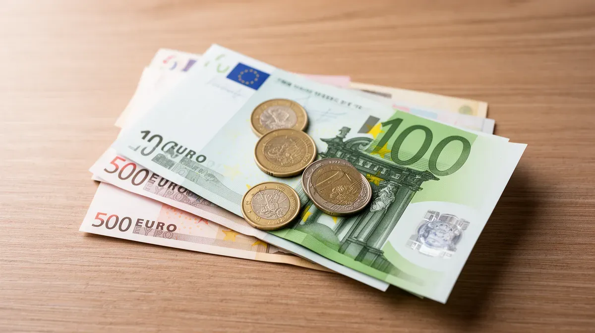 Billets et pièces en euros disposés sur une table en bois