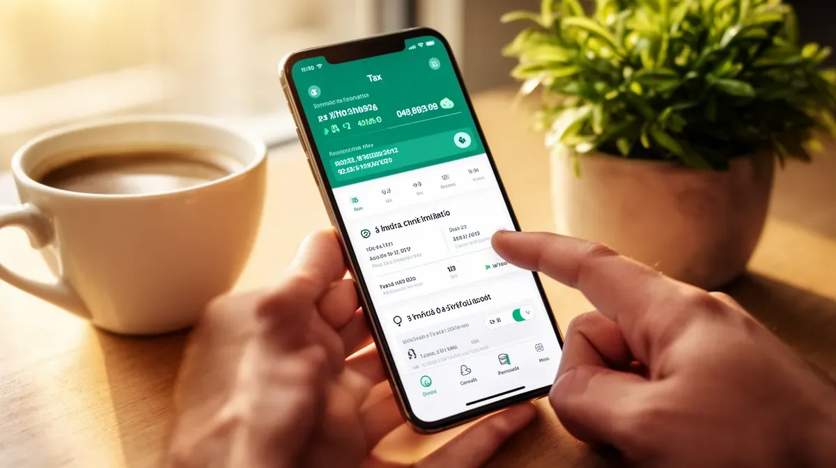 Gros plan d'une personne consultant une application de simulation fiscale sur son téléphone
