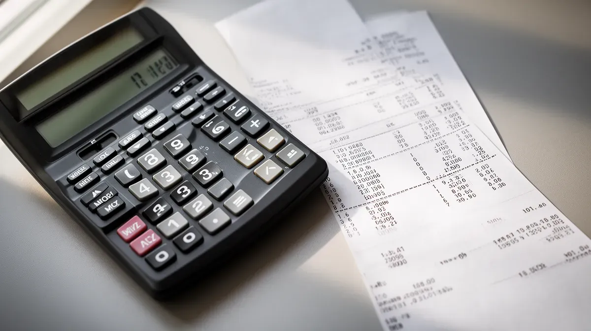 Gros plan sur une calculette et une fiche de paie posées sur un bureau, éclairage naturel