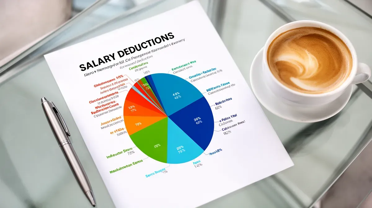 Diagramme circulaire représentant les cotisations sociales sur un salaire, avec un stylo et une tasse de café