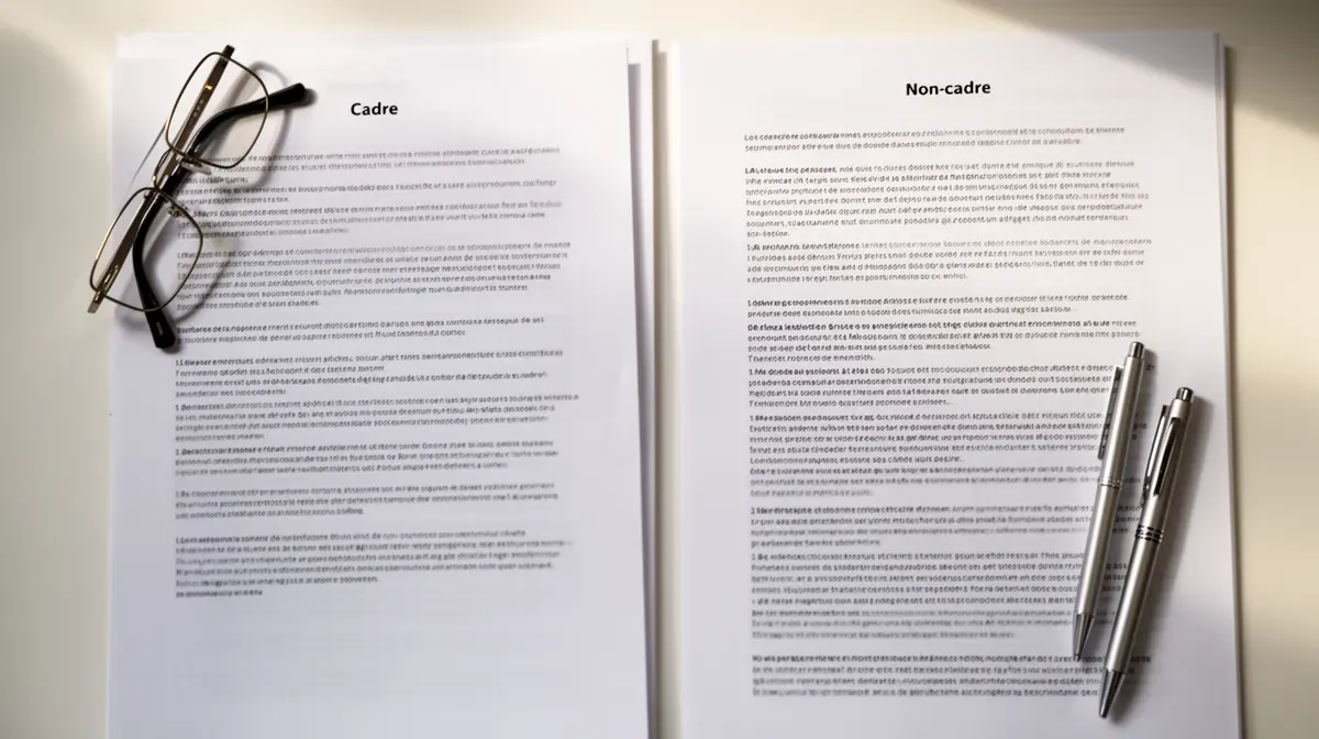 Deux documents côte à côte comparant les statuts cadre et non-cadre, avec des lunettes et un stylo