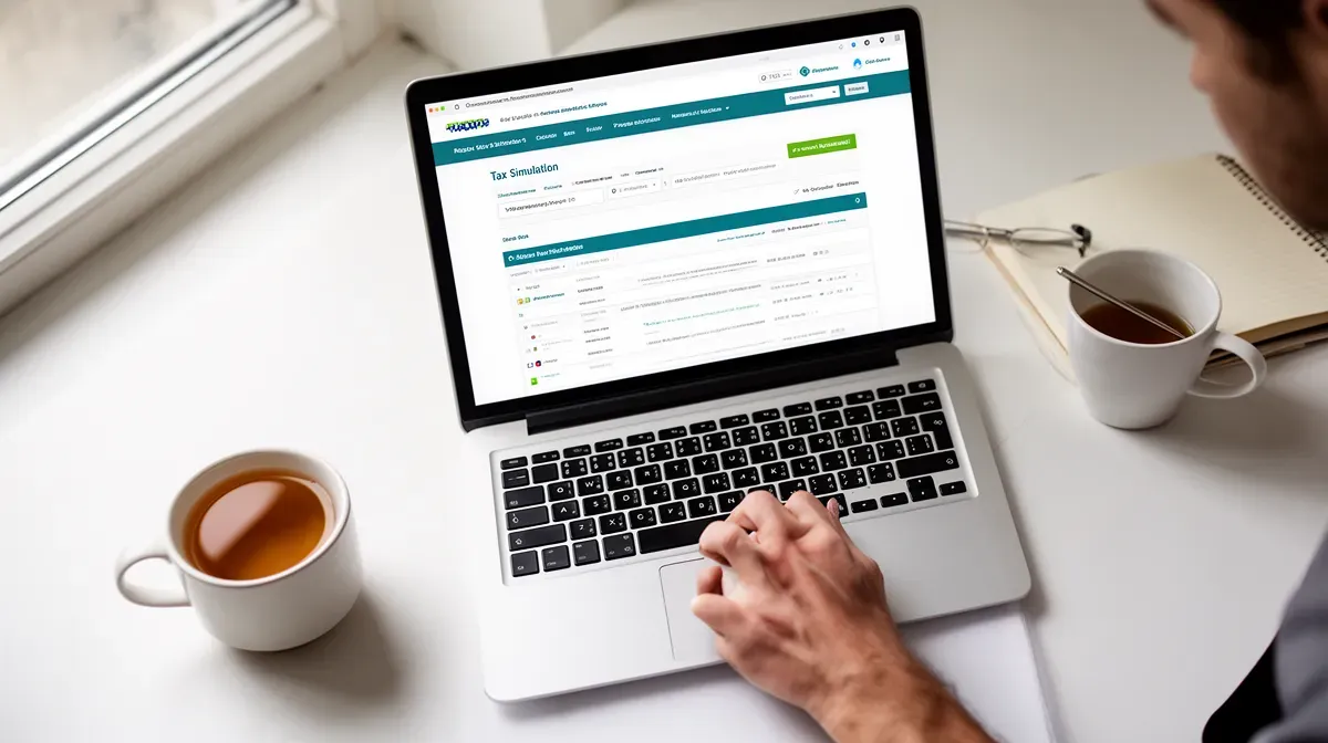 Main d'une personne utilisant un ordinateur portable affichant un simulateur d'impôt, avec une tasse de thé et un carnet
